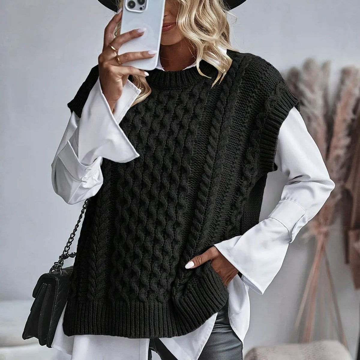Women's Brown Cable-Knit Tank Top-Women's Vests-Bellmaren-Black-S-My Store