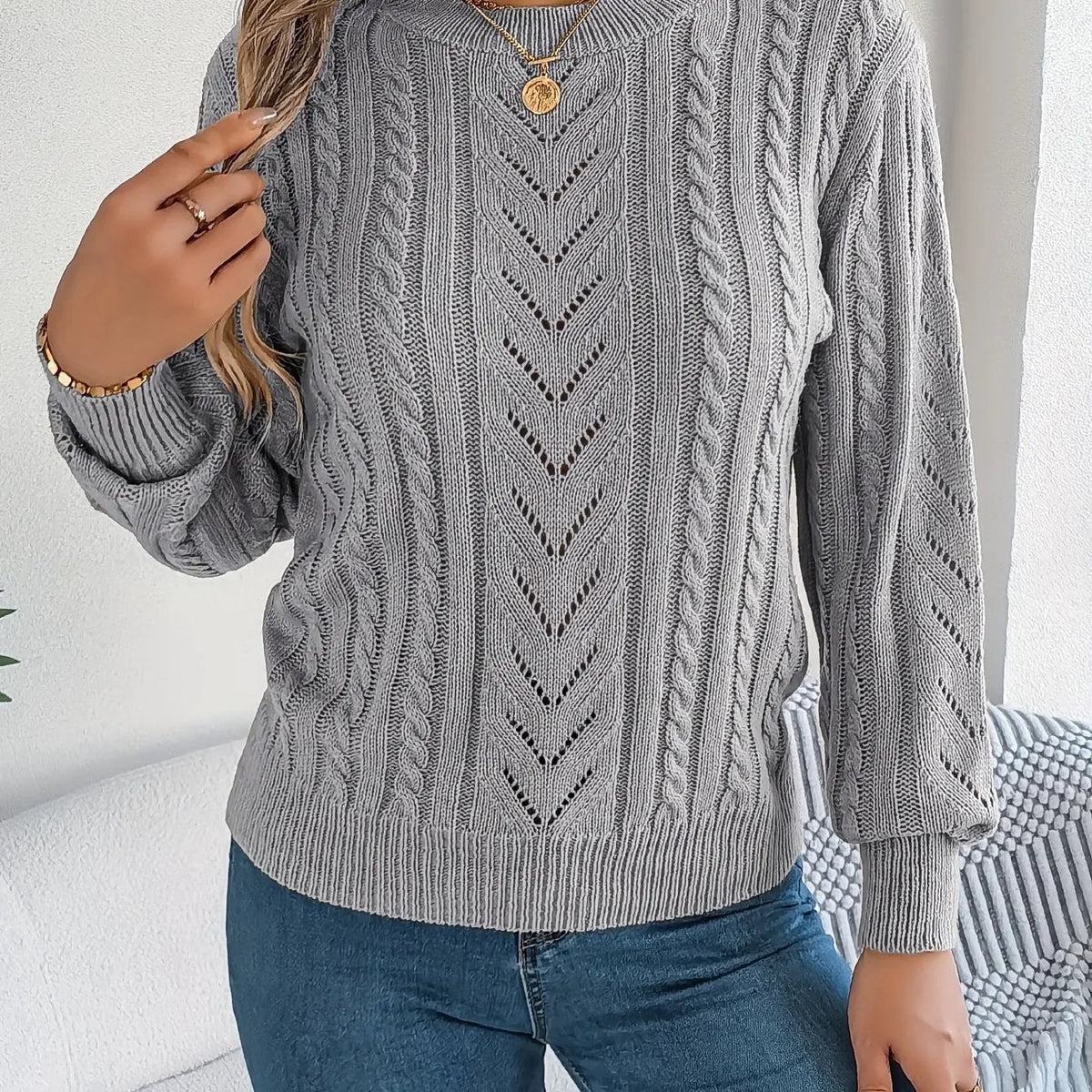Women's Cable Knit Textured Sweater with Openwork Detailing-Women's Sweaters-Bellmaren-Grey-S-My Store