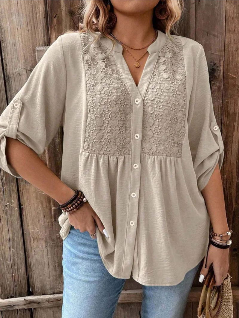 Women's Wide-Sleeve V-Neck Blouse With Button Placket by Bellmaren