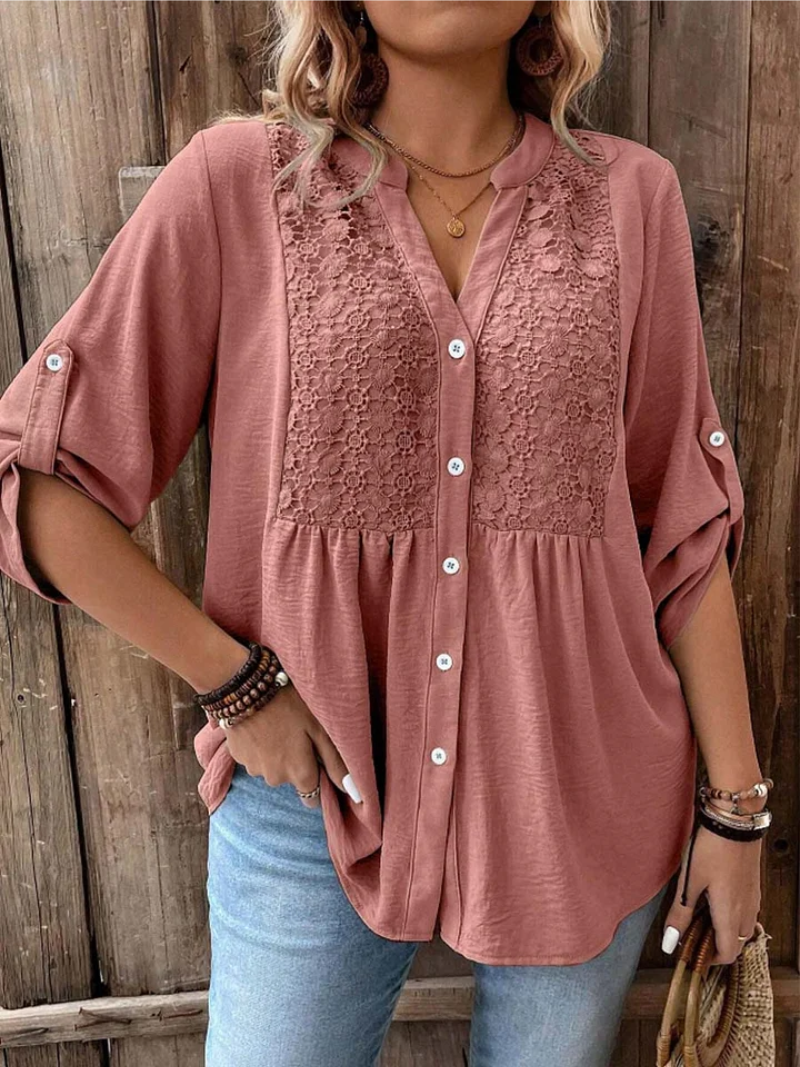 Women's Wide-Sleeve V-Neck Blouse With Button Placket by Bellmaren
