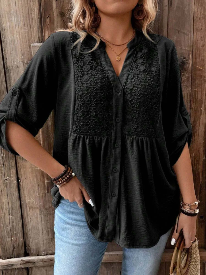 Women's Wide-Sleeve V-Neck Blouse With Button Placket by Bellmaren