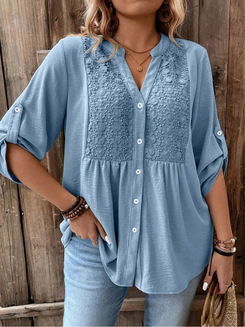 Women's Wide-Sleeve V-Neck Blouse With Button Placket by Bellmaren