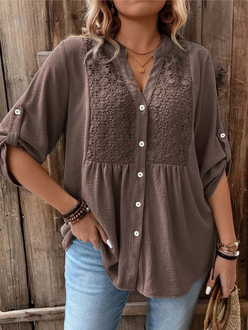 Women's Wide-Sleeve V-Neck Blouse With Button Placket by Bellmaren