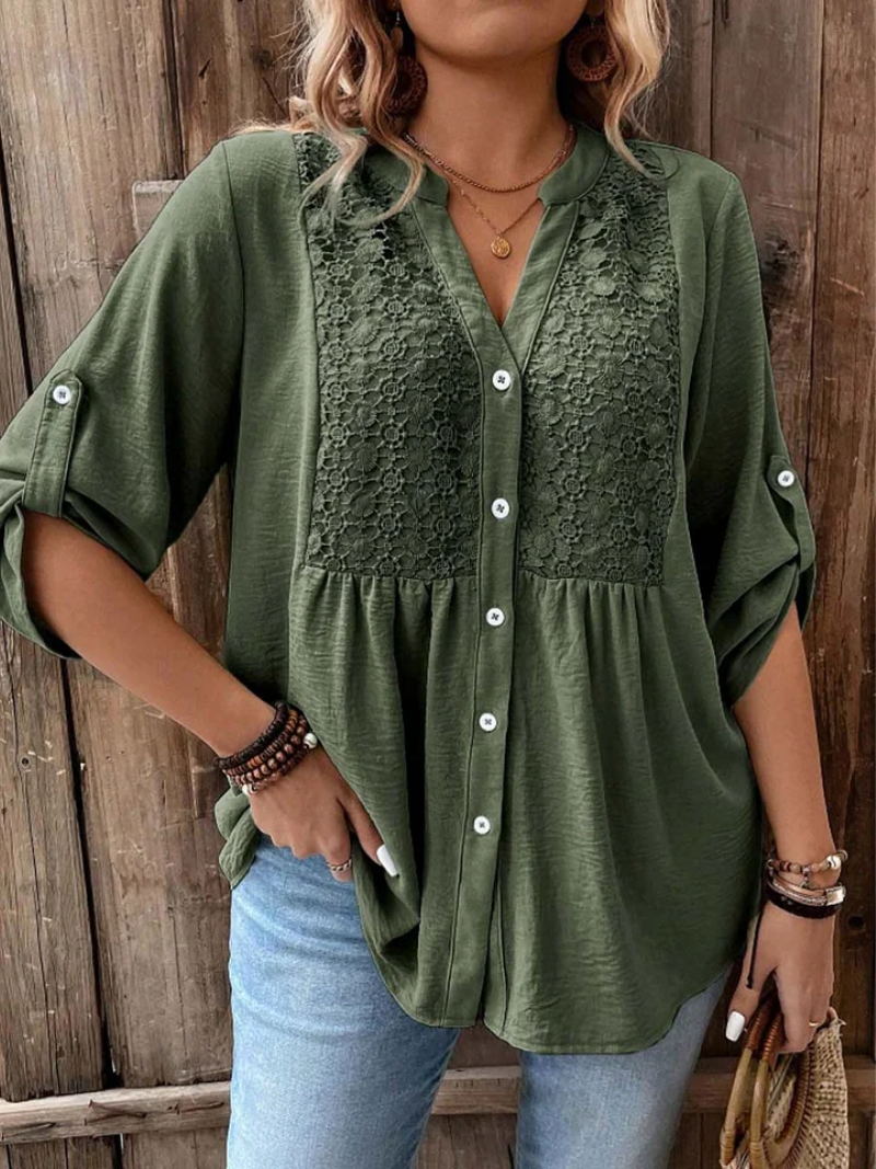 Women's Wide-Sleeve V-Neck Blouse With Button Placket by Bellmaren