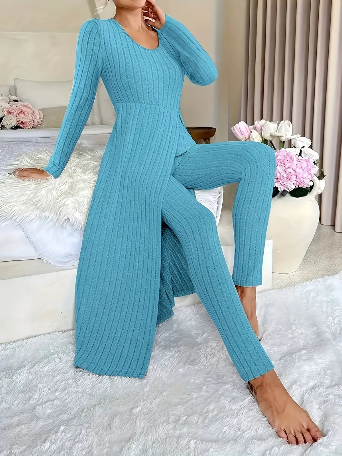 Women's Ribbed Loungewear Tunic and Wide Leg Trouser Set-Women's Loungewear Sets-Bellmaren-Sage-S-My Store