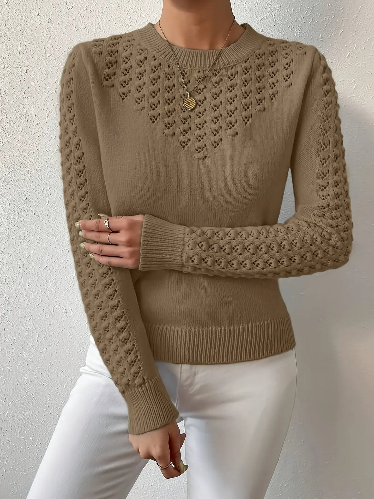 Women's Pointelle Knit Round Neck Jumper-Women's Sweaters-Bellmaren-Light Blue-XS-My Store