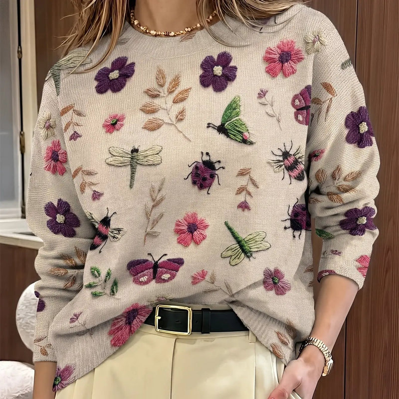 Women's Botanical Print Crew Neck Jumper – Lightweight Knit