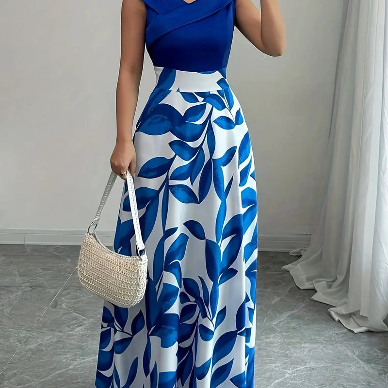 Women's Floral Maxi Dress – V-Neck, Cinched Waist, Pockets