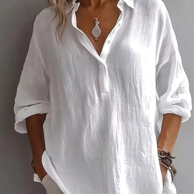 Women's Collared Half-Button Blouse – Relaxed Airy Fit