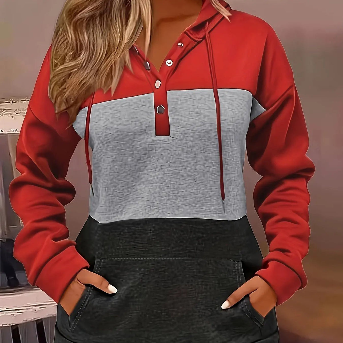 Women's Colour Block Hoodie with Button Neck-Women's Hoodies-Bellmaren-Red-S-My Store