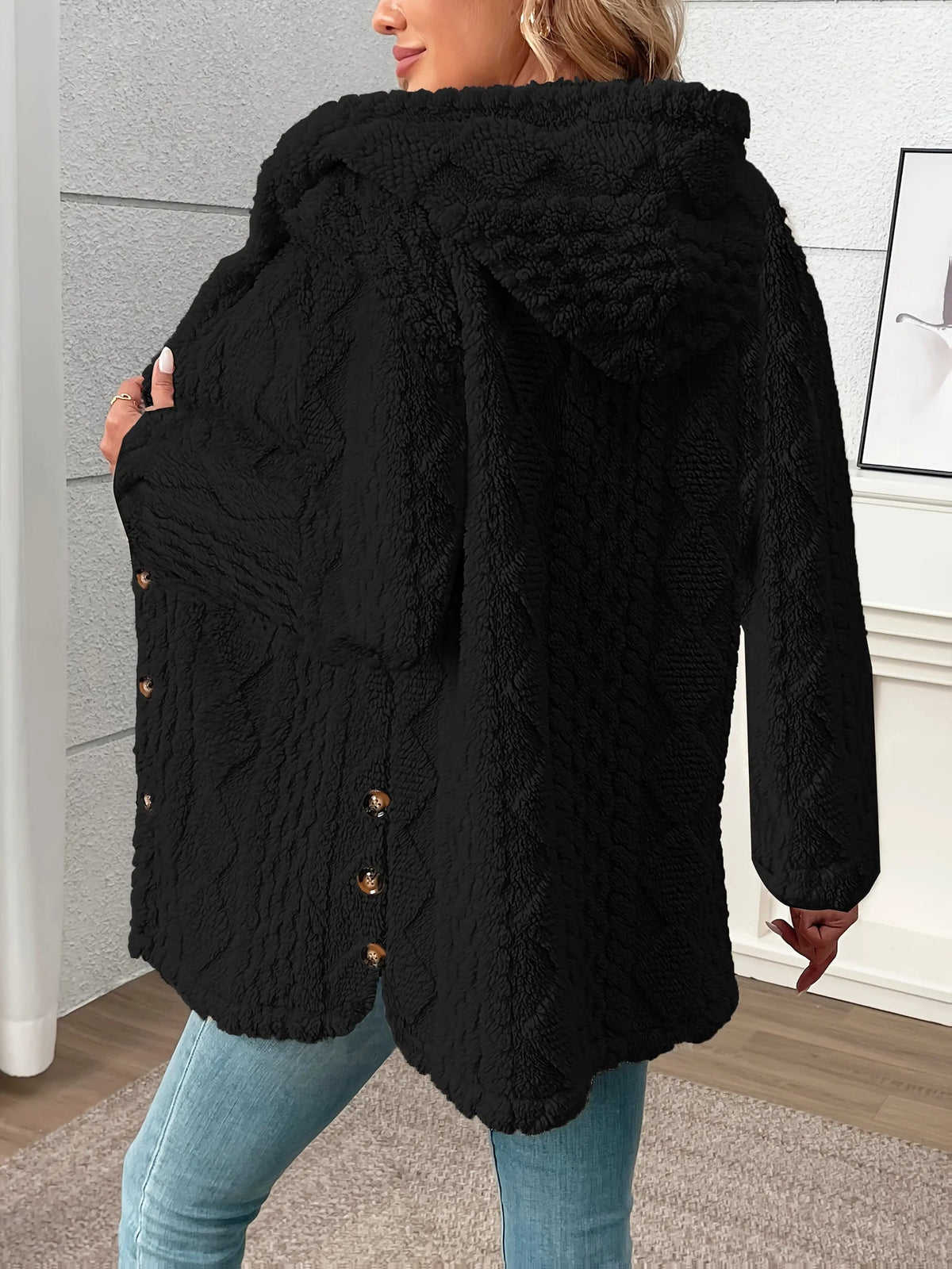 Women's Textured Button-Front Coat Relaxed Fit-Women's Coats & Jackets-Bellmaren-Black-S-My Store