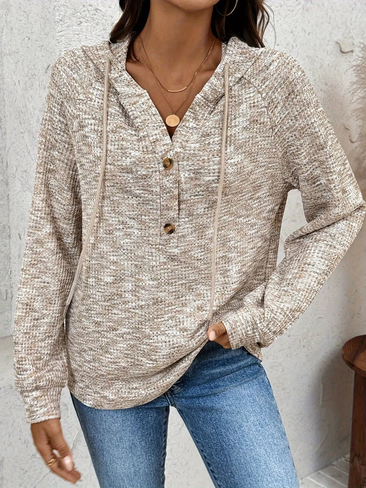 Women's Button-Front Textured Hooded Sweatshirt-Women's Hoodies-Bellmaren-Beige & White-S-My Store