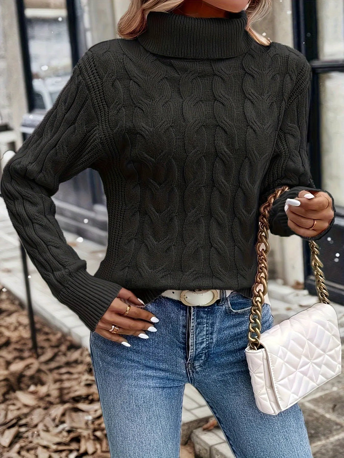 Women's Cable Knit Turtleneck Jumper in Relaxed Fit-Women's Sweaters-Bellmaren-Red-S-My Store
