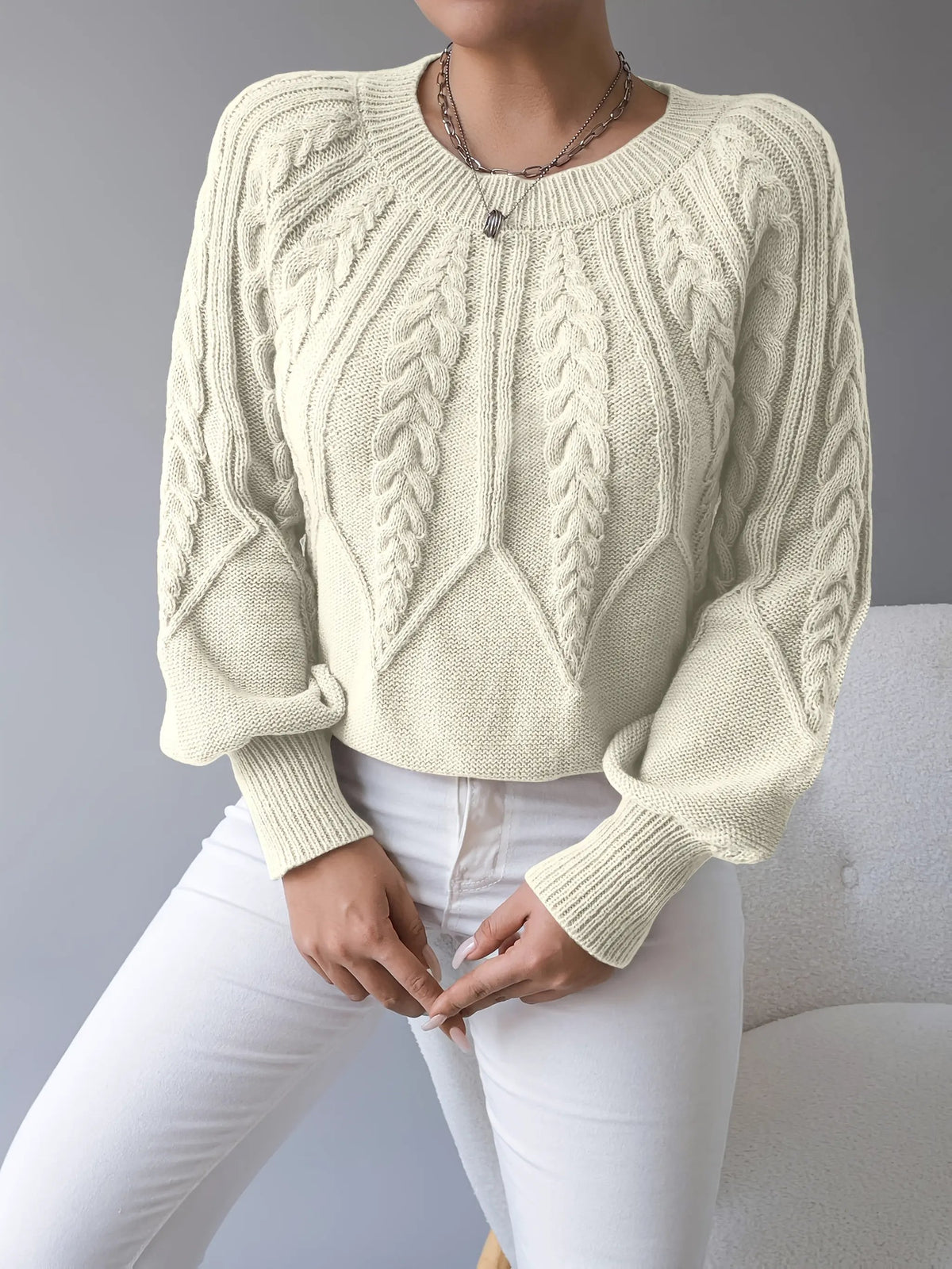 Women's Classic Cable-Knit Lantern-Sleeve Pullover Jumper-Women's Sweaters-Bellmaren-Khaki-S-My Store