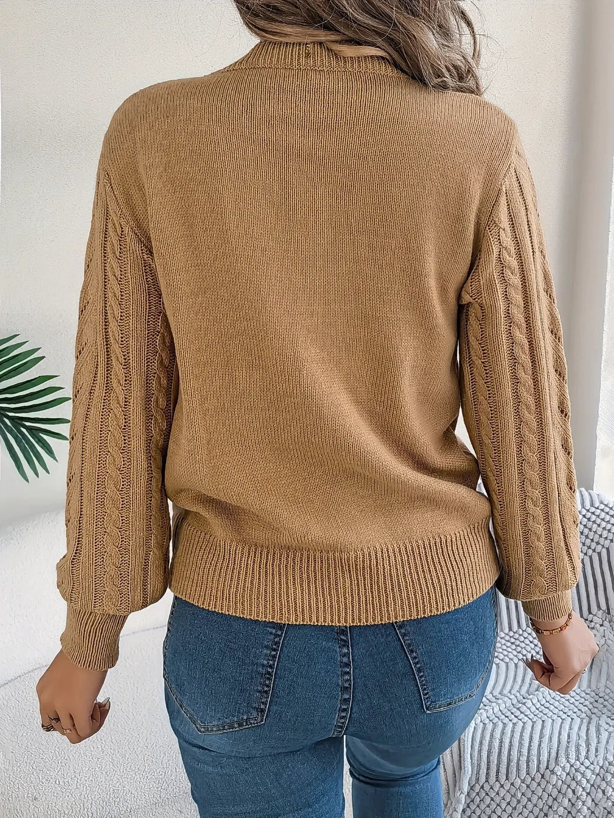 Women's Cable Knit Textured Sweater with Openwork Detailing-Women's Sweaters-Bellmaren-Khaki-S-My Store