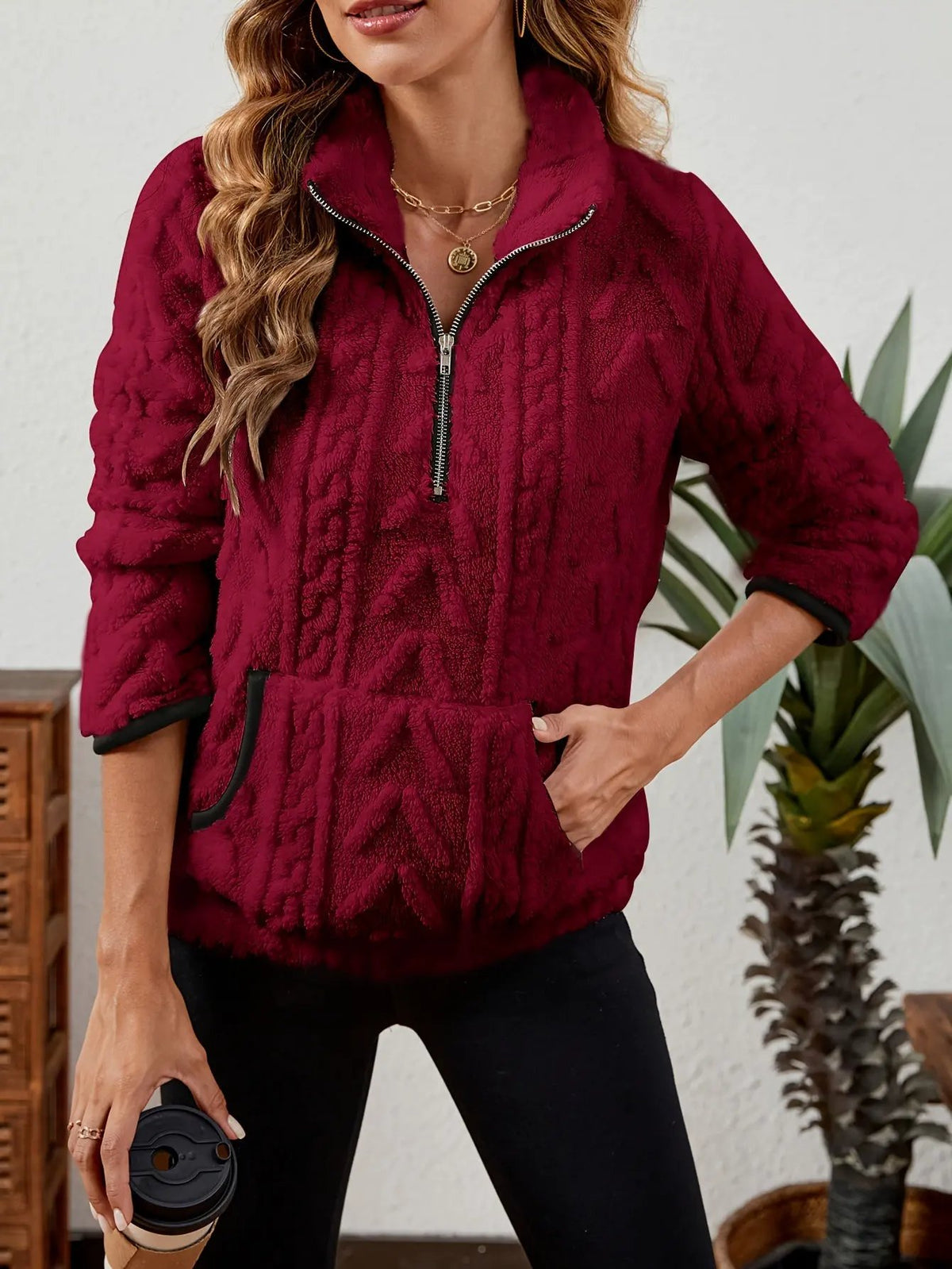 Textured Women's Half Zip Pullover Kangaroo Pocket-Women's Sweaters-Bellmaren-Burgundy-S-My Store