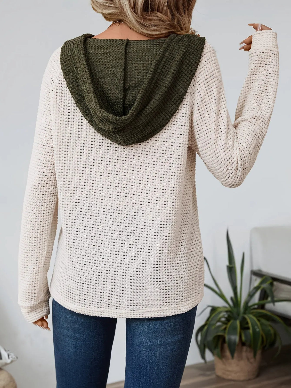 Women's Relaxed Waffle Hooded Top - Contrast Hood-Women's Hoodies-Bellmaren-Beige-S-My Store