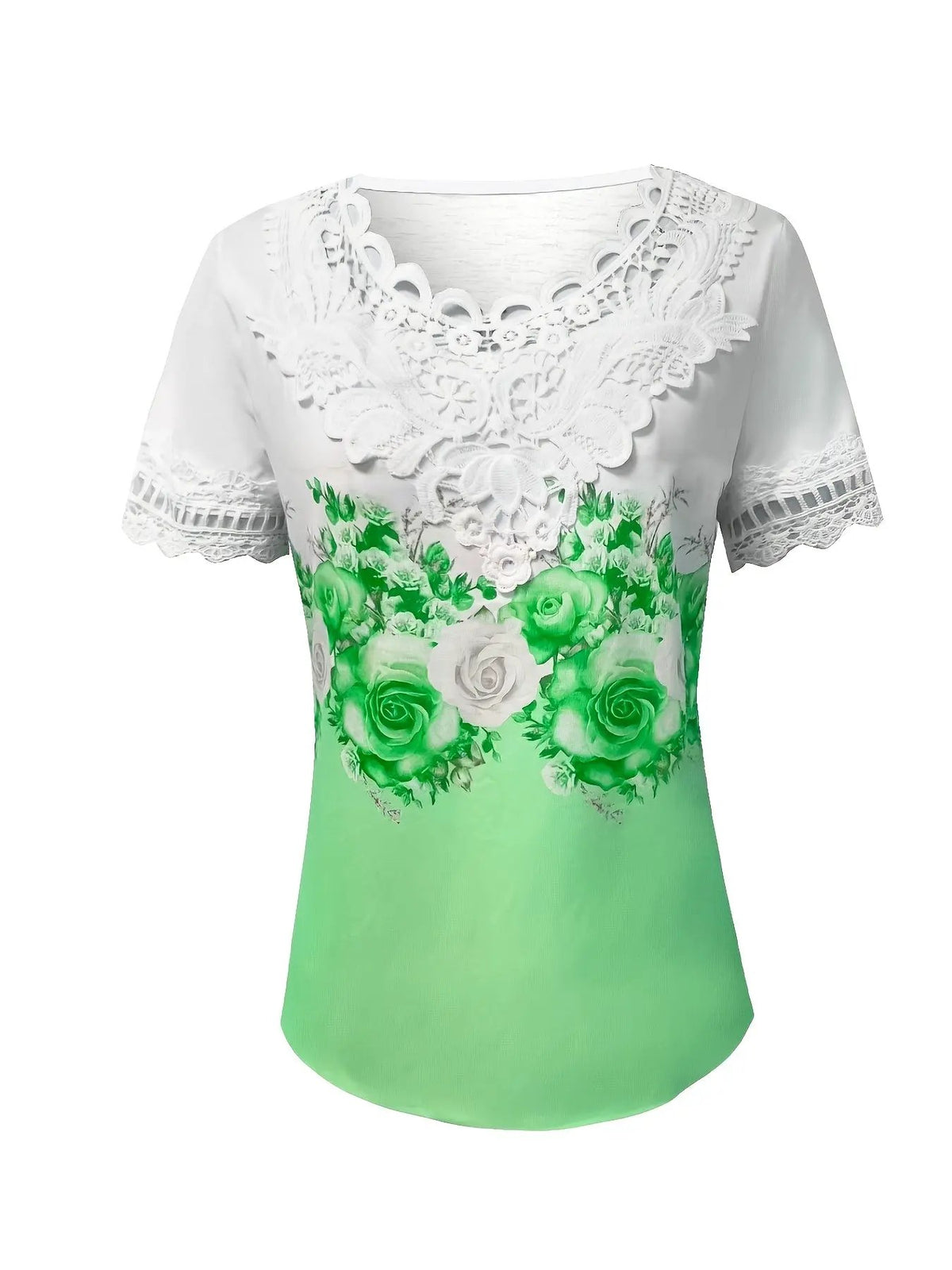 Women's Lightweight Lace Trim Floral Print Top-Women's Tops-Bellmaren-Light Green-S-My Store