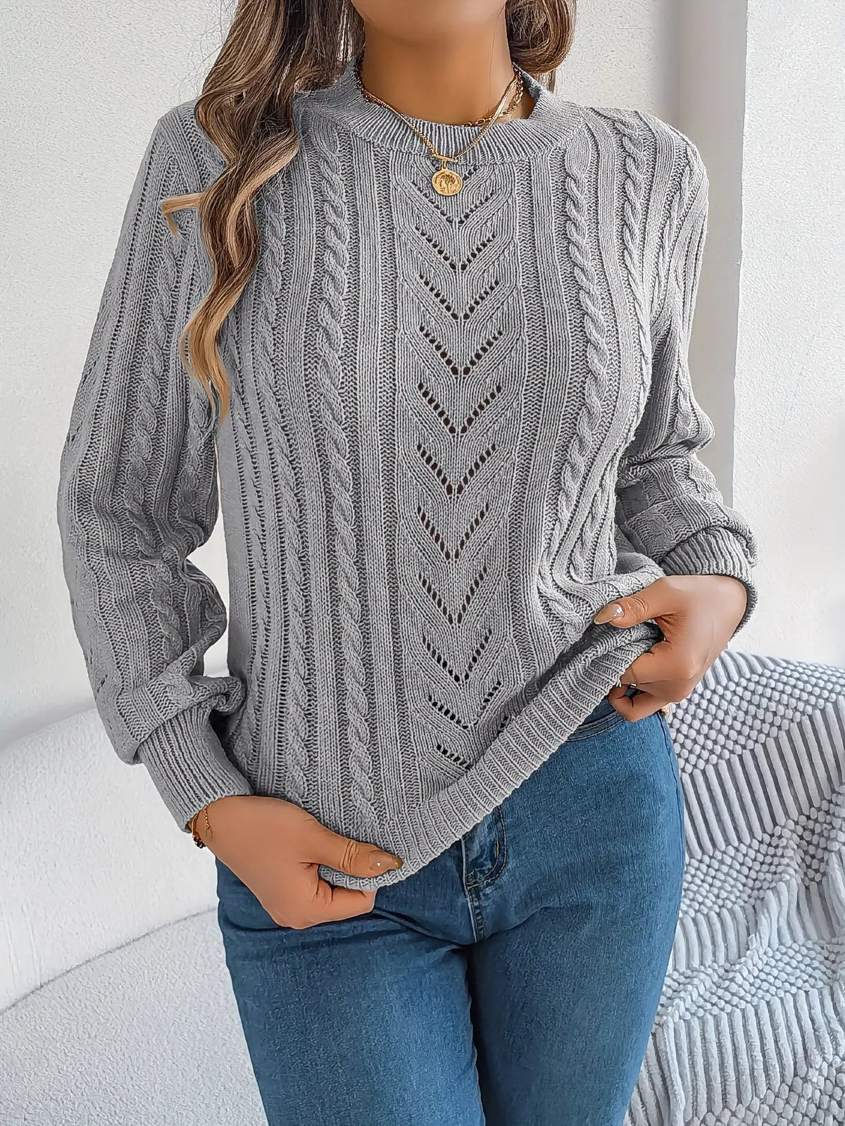 Women's Cable Knit Textured Sweater with Openwork Detailing-Women's Sweaters-Bellmaren-Khaki-S-My Store