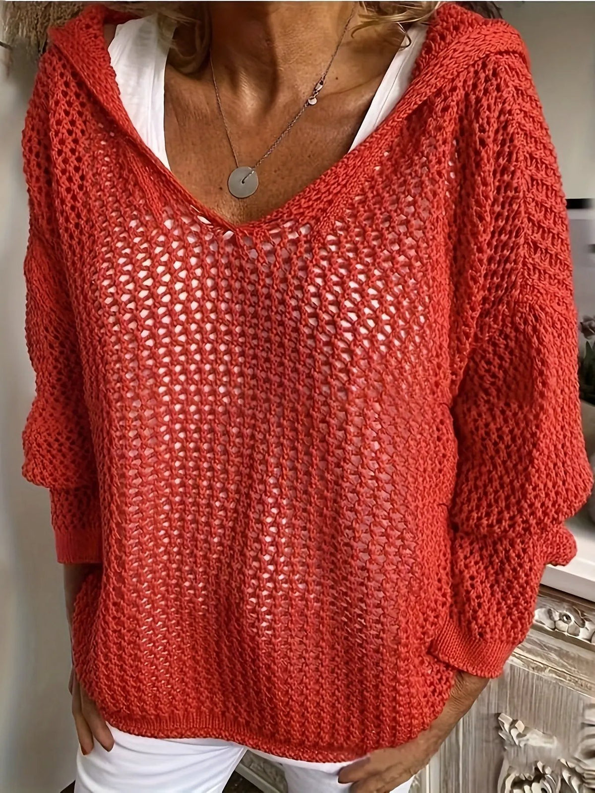 Women's Relaxed Open-Knit Hooded Sweater by Bellmaren