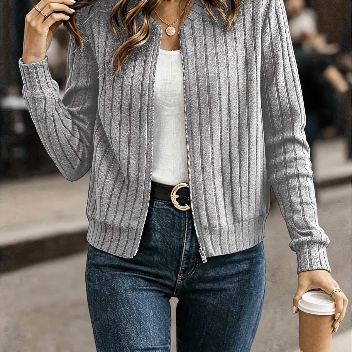 Women's Ribbed Zip-Front Jacket with Smooth Zip Closure-Women's Coats & Jackets-Bellmaren-Grey-XS-My Store