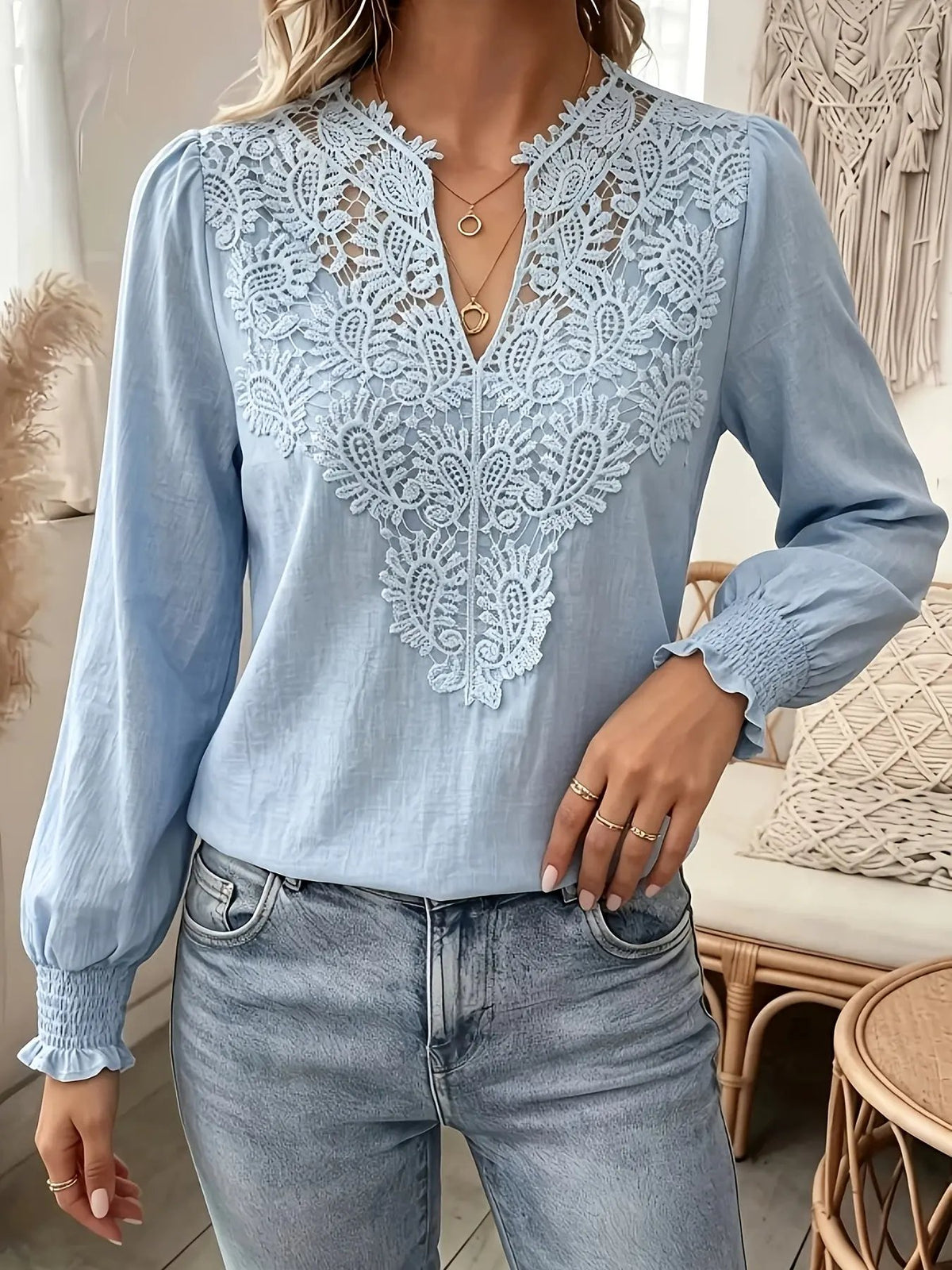 Women's Embroidered V-Neck Blouse with Lantern Sleeves by Bellmaren