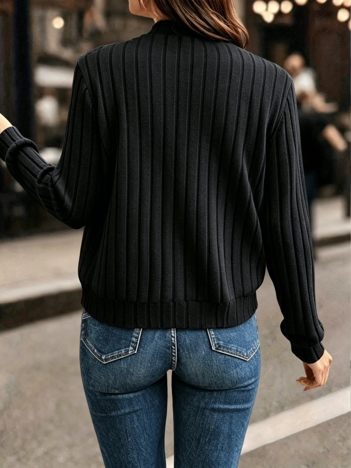 Women's Ribbed Zip-Front Jacket with Smooth Zip Closure-Women's Coats & Jackets-Bellmaren-Black-XS-My Store