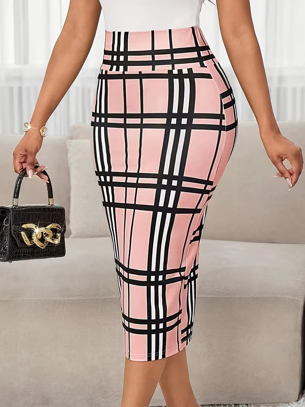 Women's Plaid Pencil Skirt - Tailored Stretch Fit-Women's Skirts-Bellmaren-White-XS-My Store