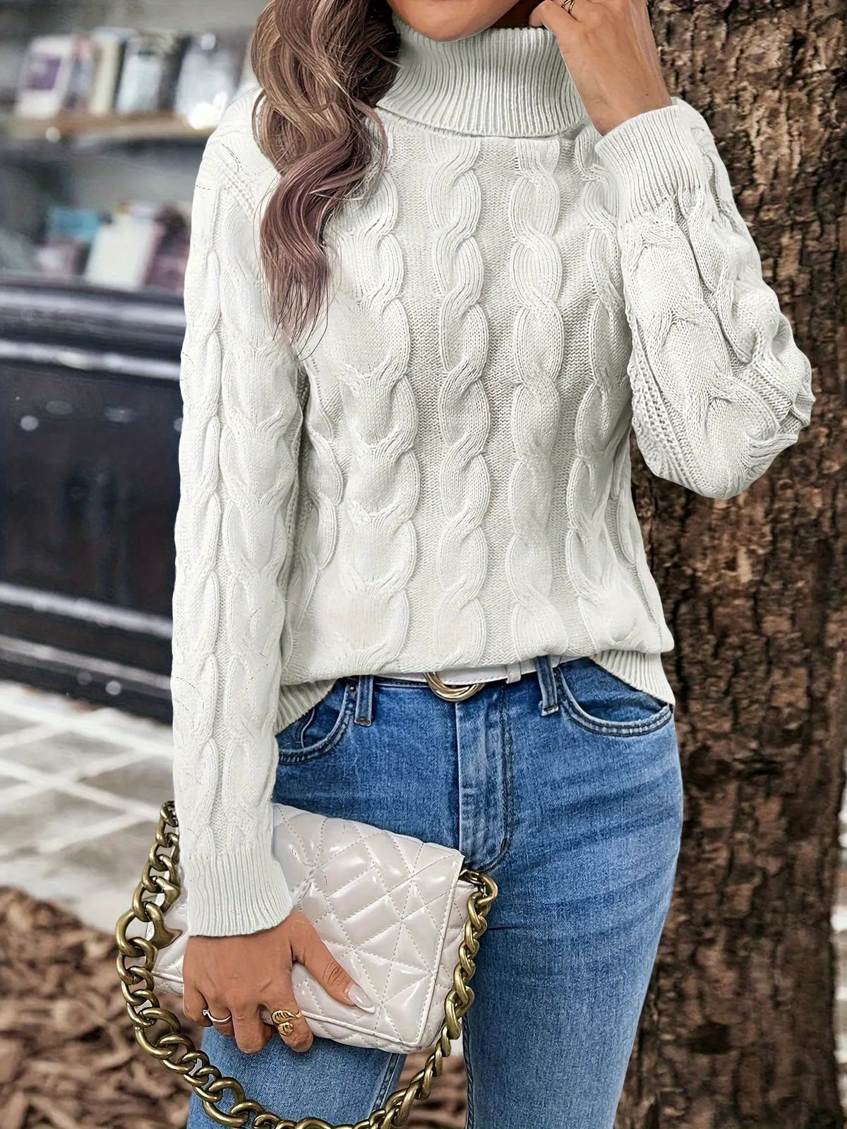 Women's Cable Knit Turtleneck Jumper in Relaxed Fit-Women's Sweaters-Bellmaren-Red-S-My Store