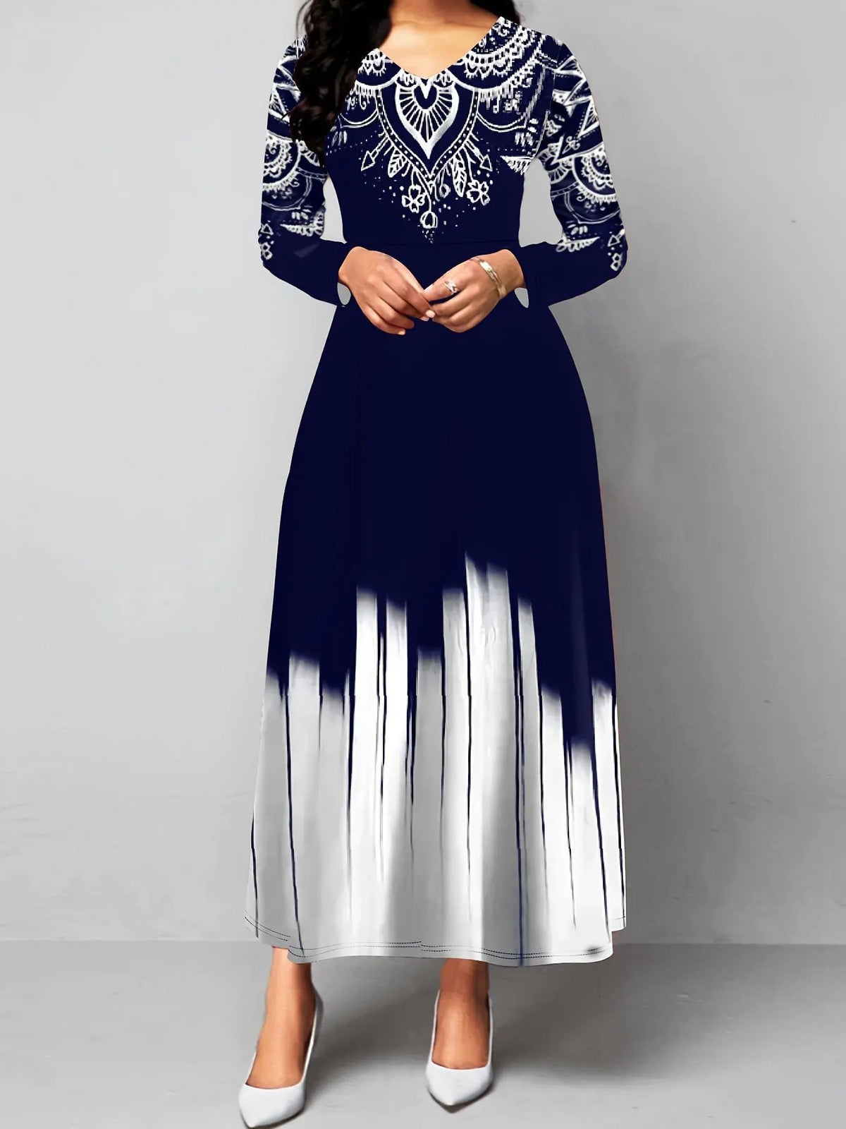 Women's Printed Flared Maxi Dress with Flowing Hem-Women's Dresses-Bellmaren-Black-S-My Store