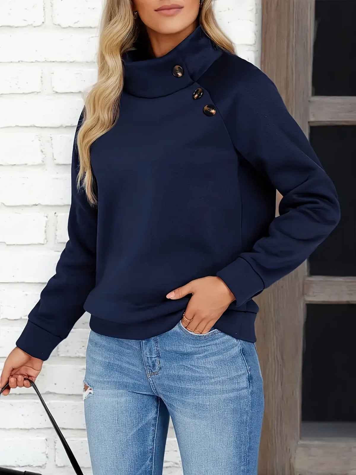 Women's Stand Collar Sweatshirt with Side Button Detail-Women's Sweatshirts-Bellmaren-Navy-S-My Store