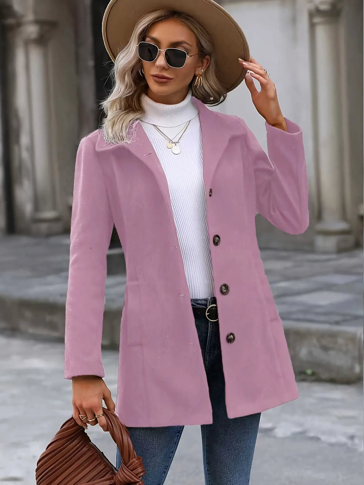 Women's Mid-Length Coat With Waist-Cinching Design-Women's Coats & Jackets-Bellmaren-Pink-S-My Store