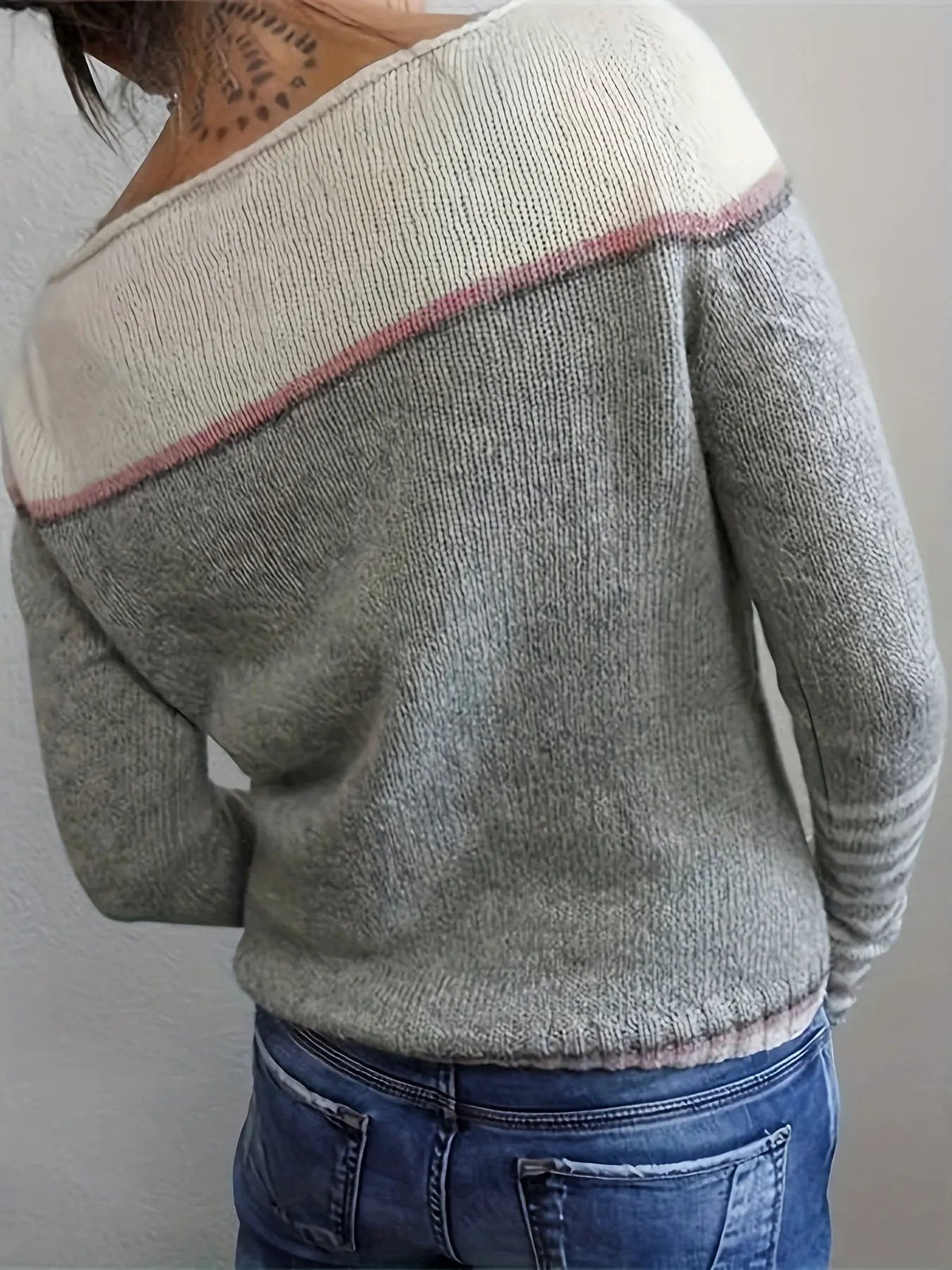 Women's Colour-Block Boat Neck Sweater With Relaxed Fit by Bellmaren