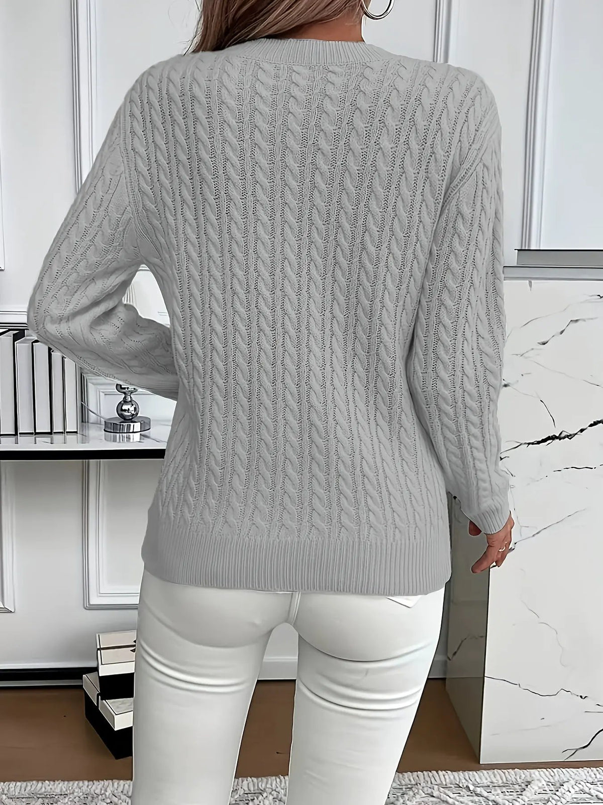 Women's Cable Knit Round Neck Jumper Relaxed Silhouette-Women's Sweaters-Bellmaren-Light Green-S-My Store