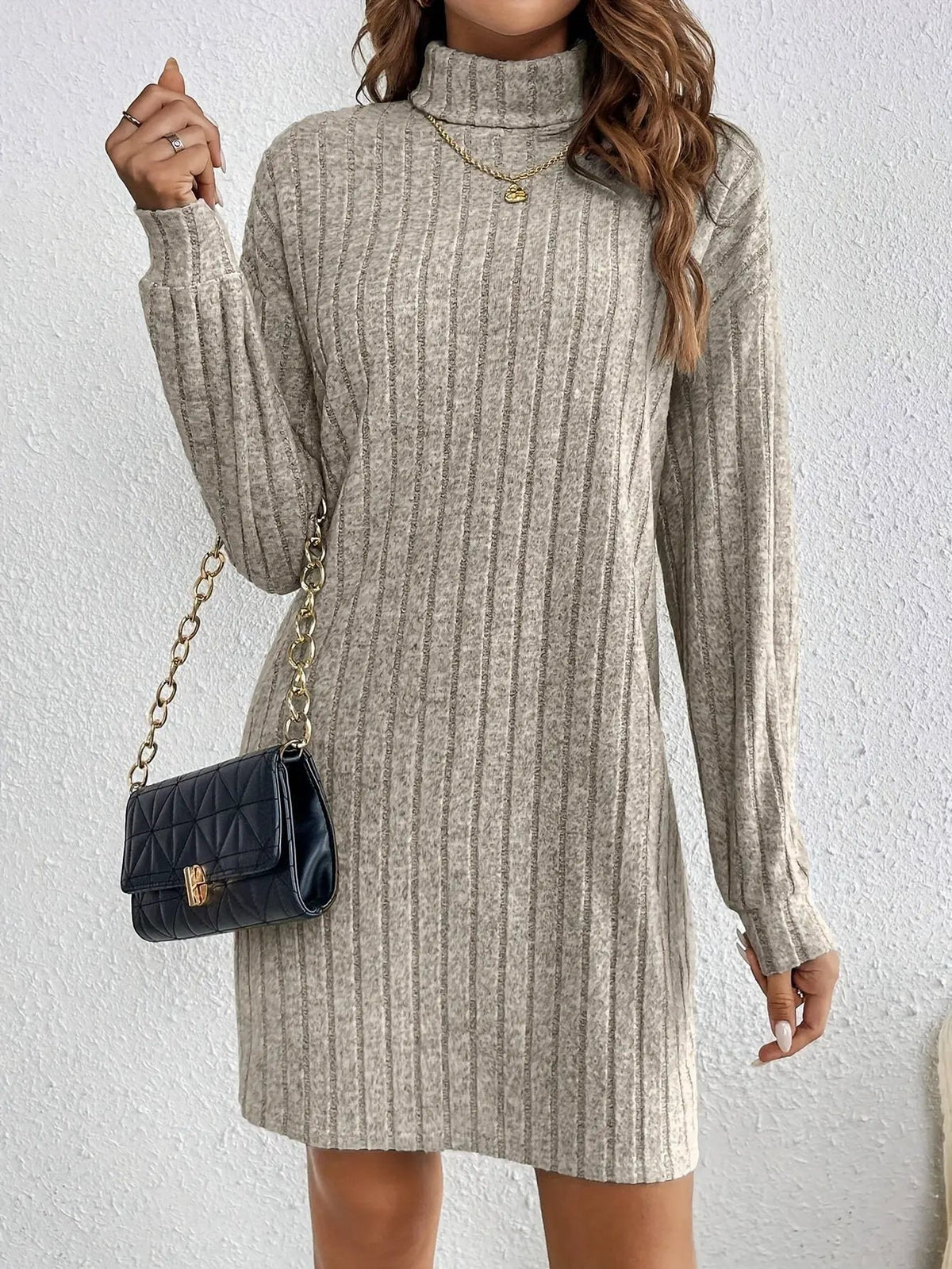 Women's Ribbed Turtleneck Sweater Dress Casual Layering-Women's Dresses-Bellmaren-Khaki-XS-My Store