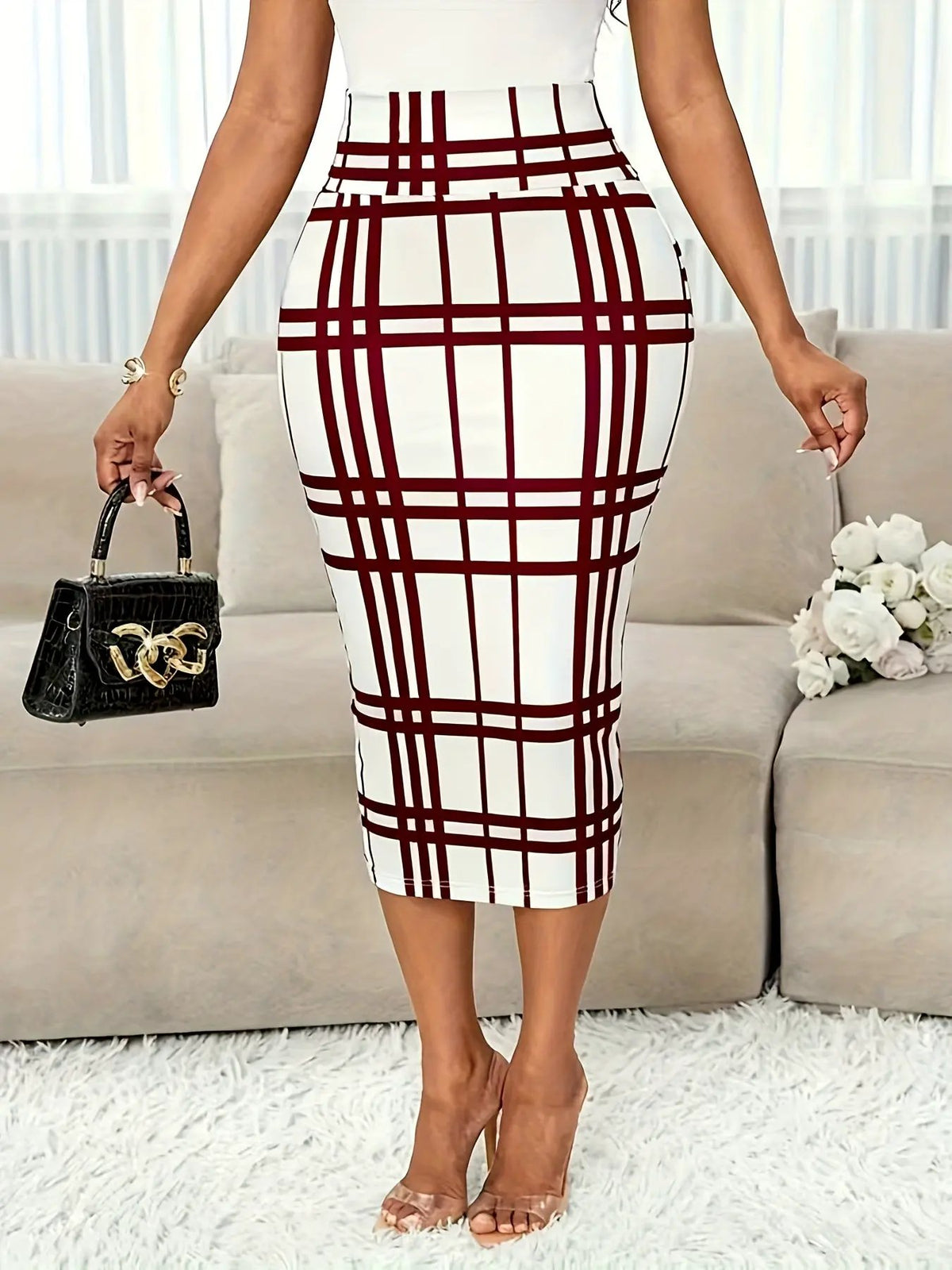 Women's Plaid Pencil Skirt - Tailored Stretch Fit-Women's Skirts-Bellmaren-White-XS-My Store