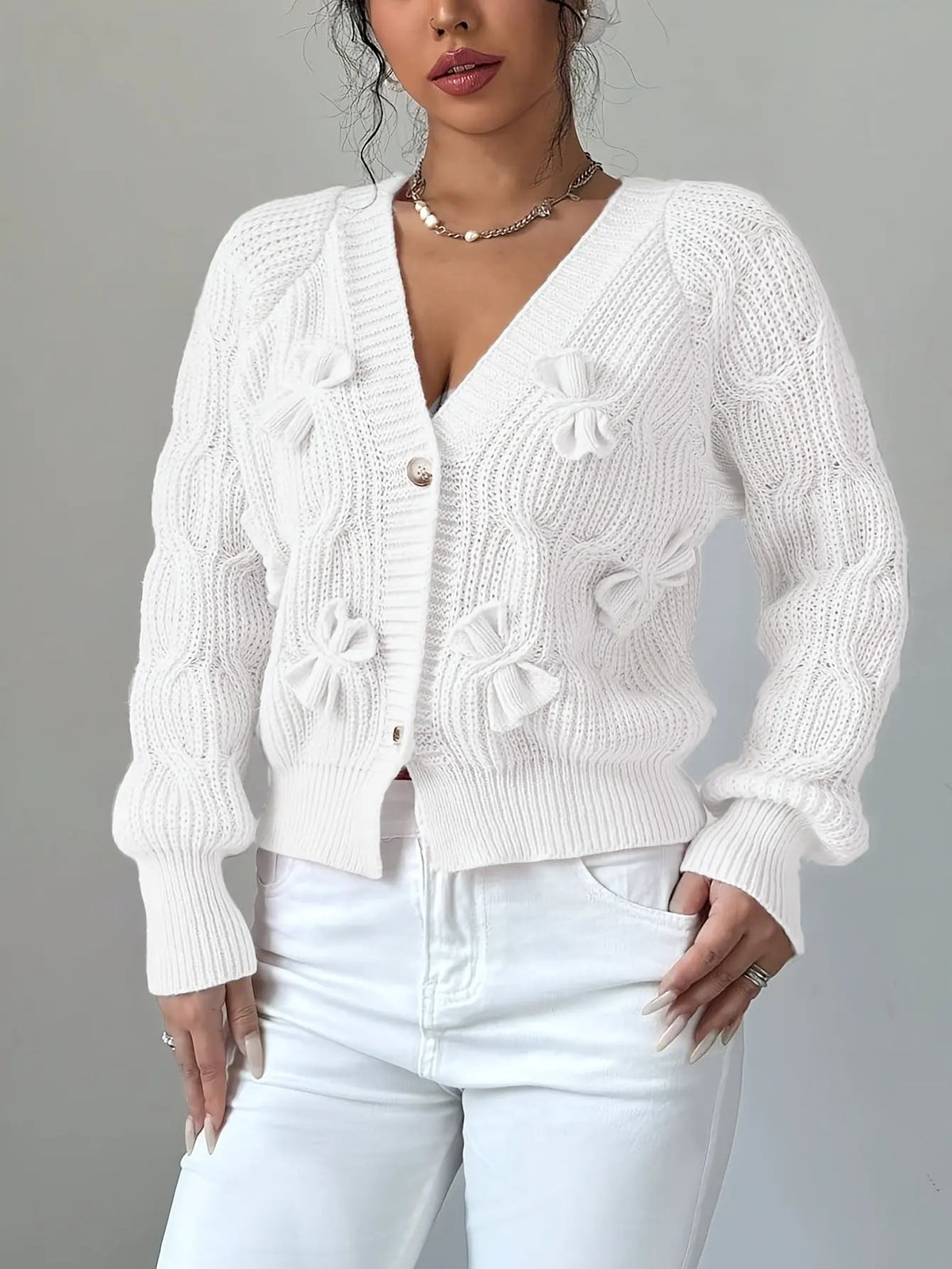 Women's Bow-Detail Long Sleeve Button Cardigan-Women’s Cardigans-Bellmaren-Pink-S-My Store