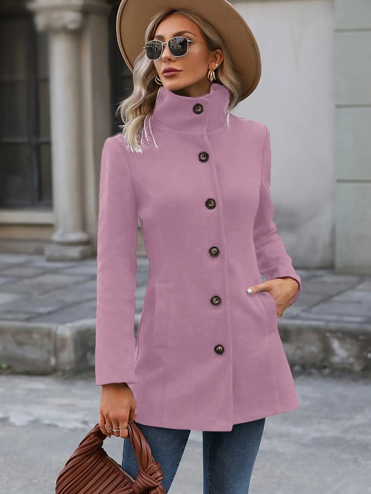 Women's Mid-Length Coat With Waist-Cinching Design-Women's Coats & Jackets-Bellmaren-Pink-S-My Store