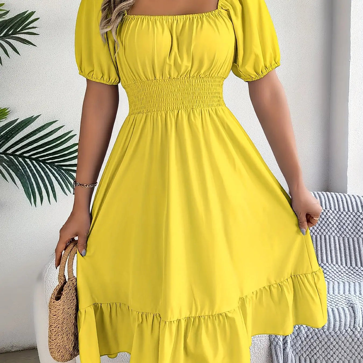 Women's Square Neck Ruffle Hem A-Line Dress-Women's Dresses-Bellmaren-Yellow-S-My Store