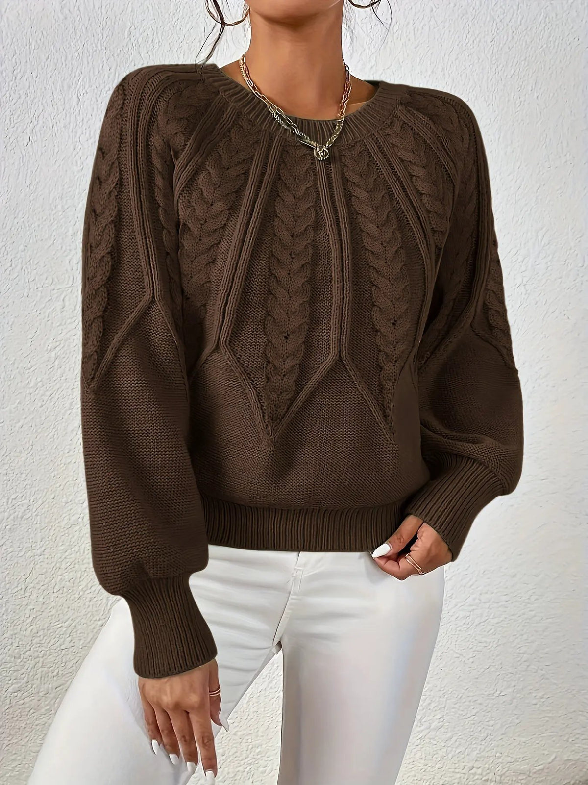 Women's Cable Knit Round Neck Sweater with Raglan Sleeves-Women's Sweaters-Bellmaren-Matcha-S-My Store