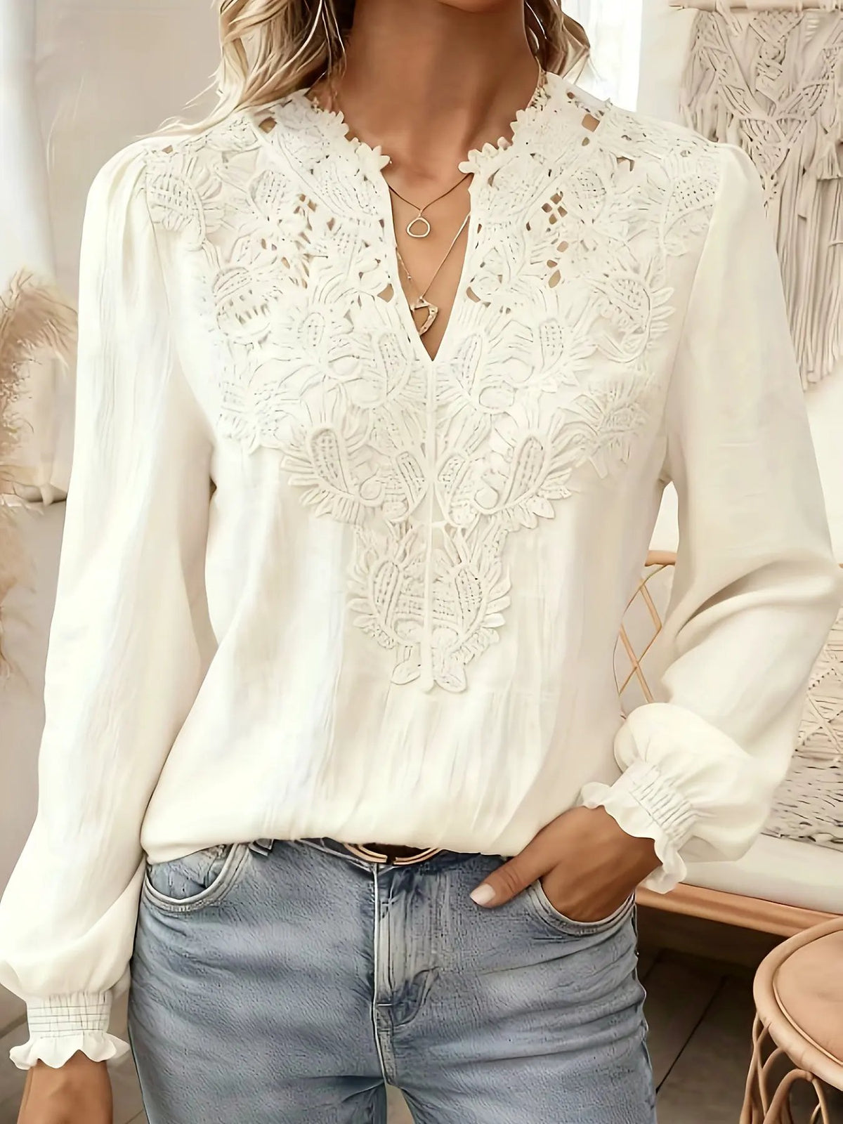 Women's Embroidered V-Neck Blouse with Lantern Sleeves by Bellmaren