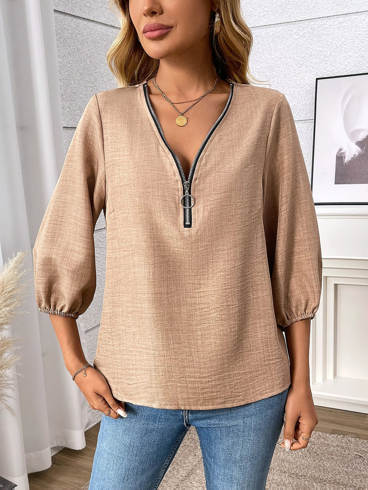 Women's Zip Front V-Neck Relaxed Blouse-Women's Blouses-Bellmaren-Khaki-S-My Store