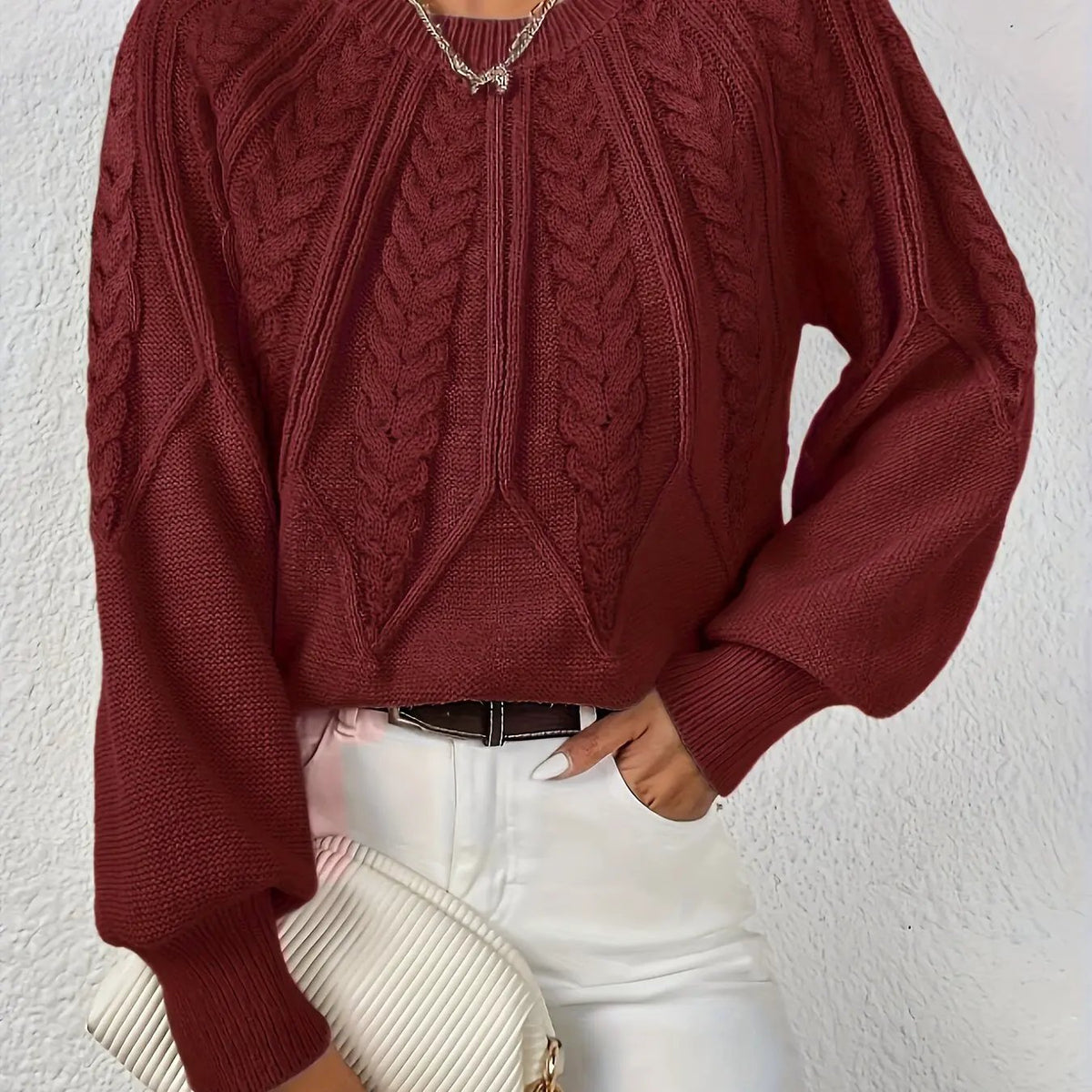 Women's Cable Knit Round Neck Sweater with Raglan Sleeves-Women's Sweaters-Bellmaren-Burgundy-S-My Store