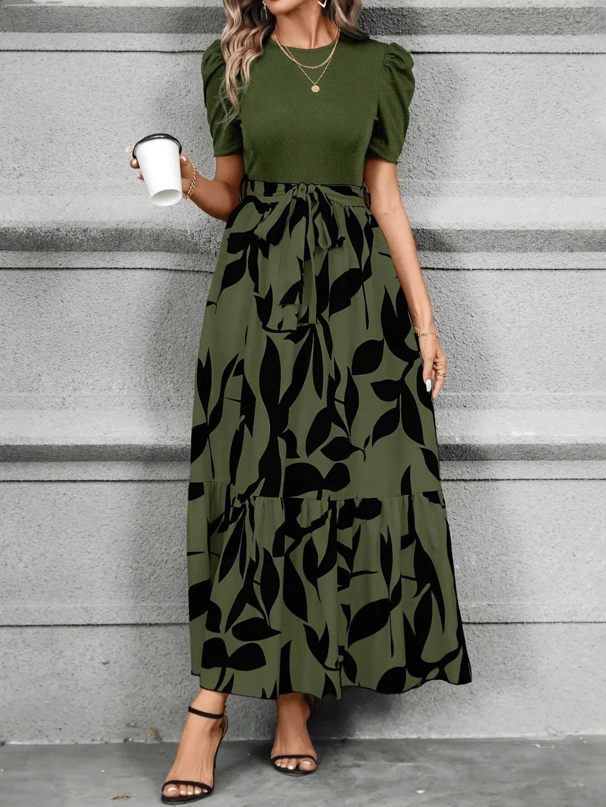 Women's Printed Tiered Maxi Dress with Tie Waist-Women's Dresses-Bellmaren-Green Black-XS-My Store