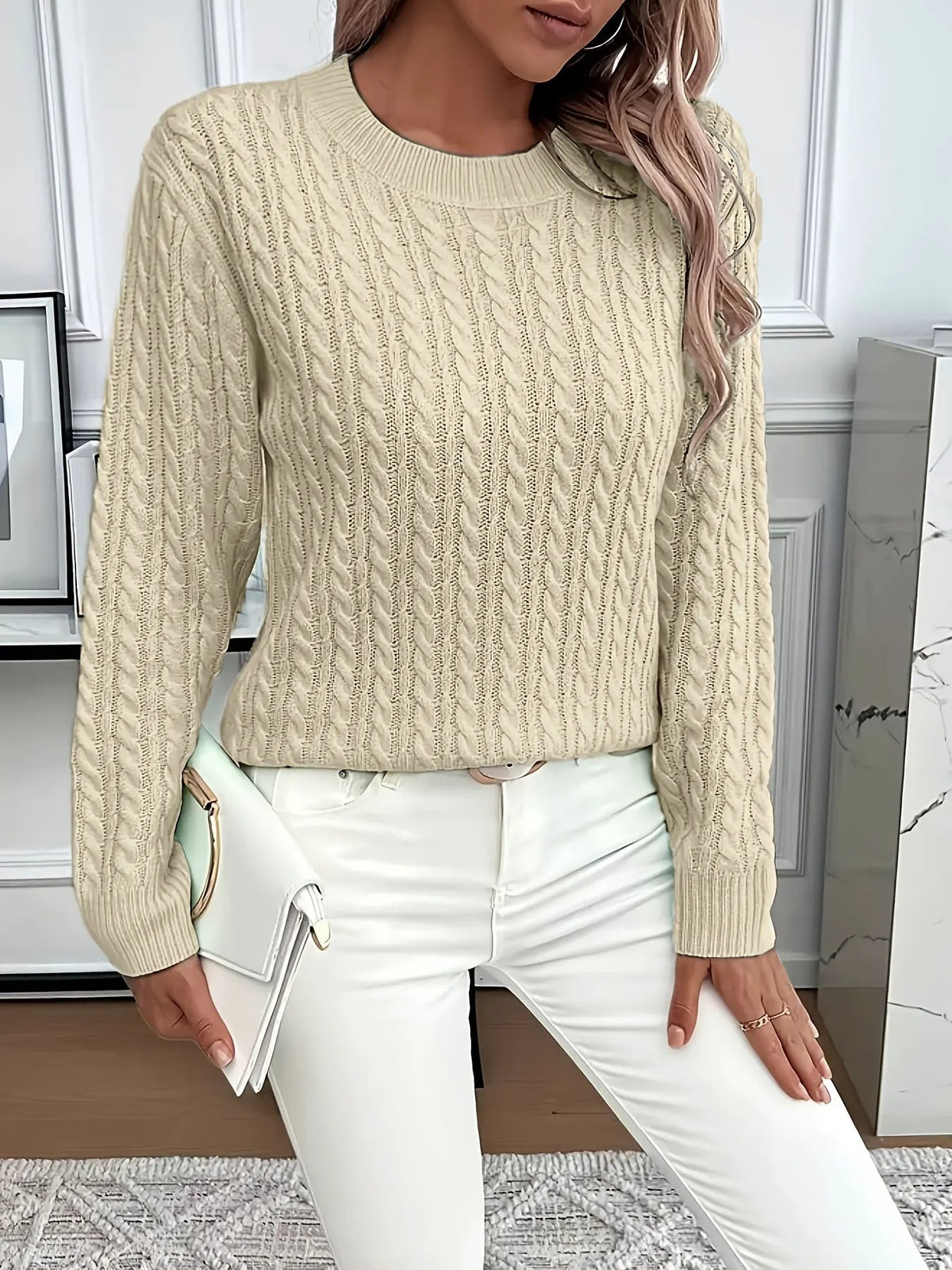 Women's Cable Knit Round Neck Jumper Relaxed Silhouette-Women's Sweaters-Bellmaren-Light Green-S-My Store