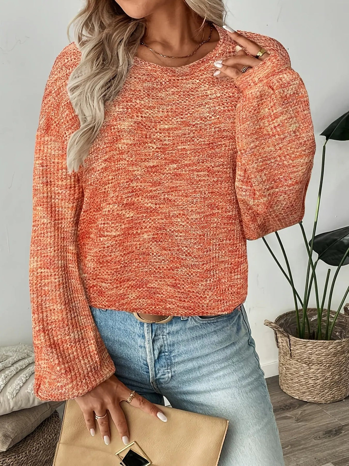 Women's Relaxed Waffle-Knit Jumper Classic Pullover-Women's Sweaters-Bellmaren-Orange-Red-S-My Store