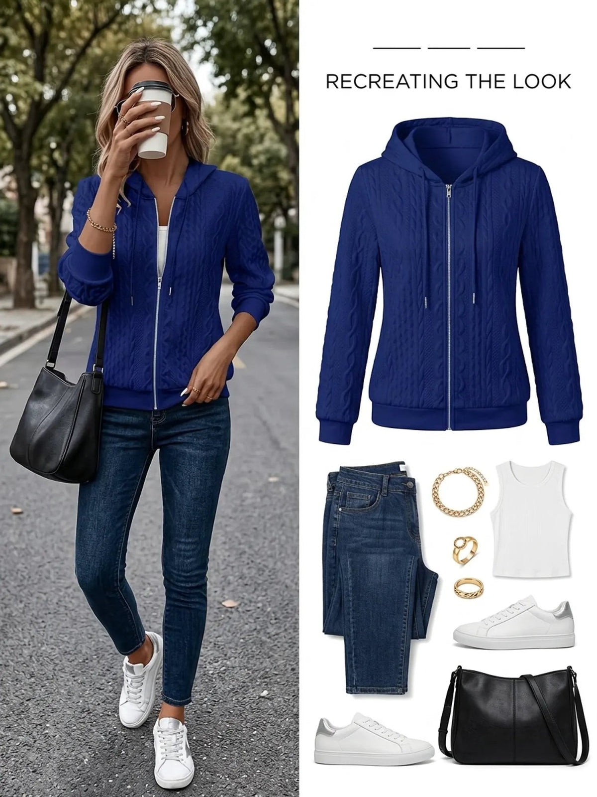 Women's Textured Zip-Up Hooded Jacket with Drawstring-Women's Coats & Jackets-Bellmaren-Blue-S-My Store