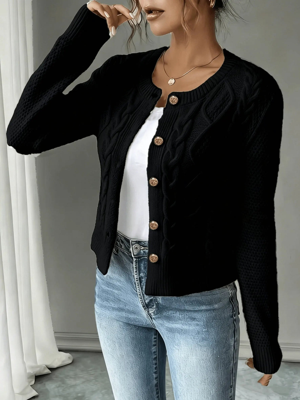 Women's Cable-Knit Button-Front Cardigan-Women’s Cardigans-Bellmaren-Black-S-My Store