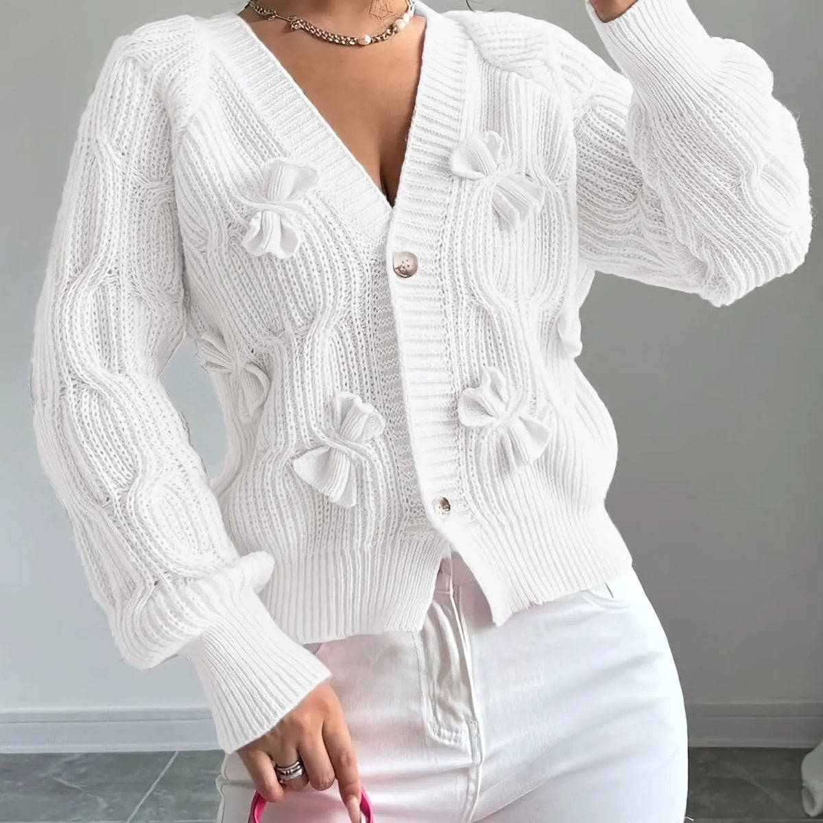 Women's Bow-Detail Long Sleeve Button Cardigan-Women’s Cardigans-Bellmaren-White-S-My Store