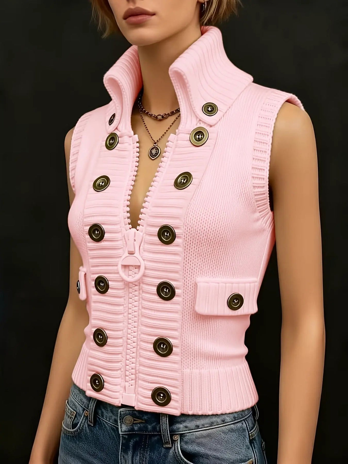 Women's Ribbed High-Collar Sleeveless Vest-Women's Vests-Bellmaren-Milky-S-My Store